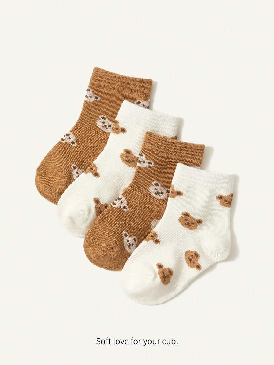 Cozy Pixies 2 Pares de Meias de Algodão Jacquard com Estampa de Urso Fofo, Meias Curtas Básicas Adequadas para Passeios, Bebê