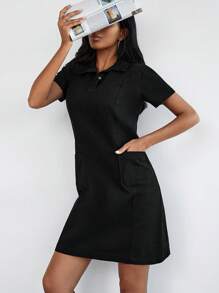 EURMUSE Polo Neck Pocket Patched Denim Dress - Black - View 1