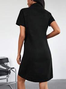 EURMUSE Polo Neck Pocket Patched Denim Dress - Black - View 2
