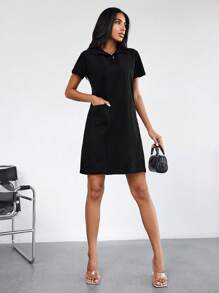 EURMUSE Polo Neck Pocket Patched Denim Dress - Black - View 3