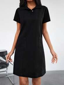 EURMUSE Polo Neck Pocket Patched Denim Dress - Black - View 4
