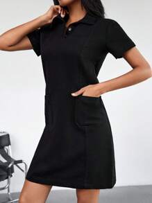 EURMUSE Polo Neck Pocket Patched Denim Dress - Black - View 5