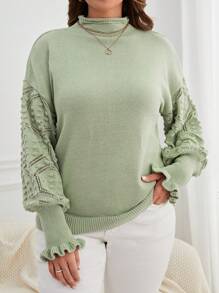 SHEIN Essnce Hơn Dệt kim chấm bi Lá sen tỉa Cổ giả Thả vai Áo len - màu xanh lá - Xem 1