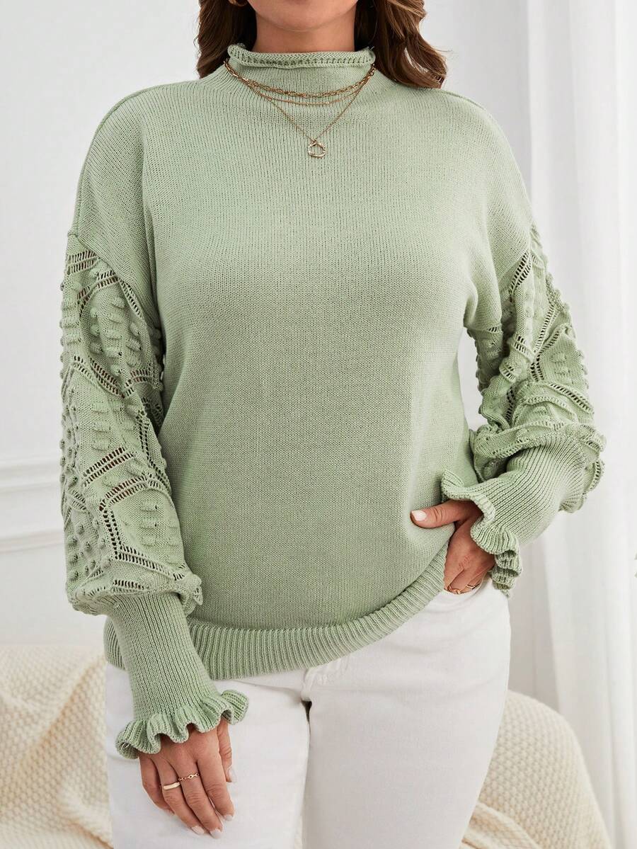 SHEIN Essnce Hơn Dệt kim chấm bi Lá sen tỉa Cổ giả Thả vai Áo len - màu xanh lá - Xem 1