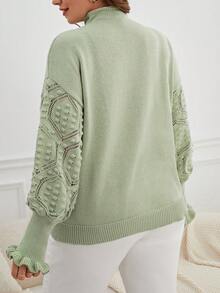 SHEIN Essnce Hơn Dệt kim chấm bi Lá sen tỉa Cổ giả Thả vai Áo len - màu xanh lá - Xem 2