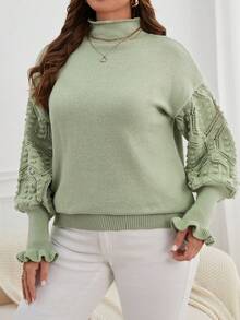 SHEIN Essnce Hơn Dệt kim chấm bi Lá sen tỉa Cổ giả Thả vai Áo len - màu xanh lá - Xem 3
