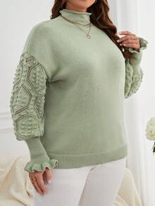 SHEIN Essnce Hơn Dệt kim chấm bi Lá sen tỉa Cổ giả Thả vai Áo len - màu xanh lá - Xem 5