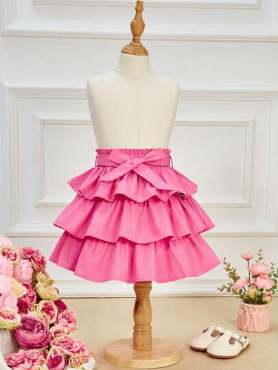 SHEIN Young Girl Layered Hem Belted Skirt