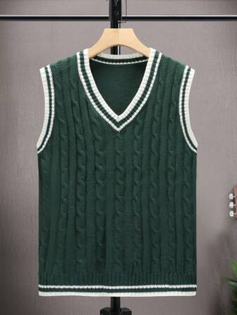 Manfinity Sporsity Chaleco de punto trenzado con ribete de contraste para hombre, para tenis