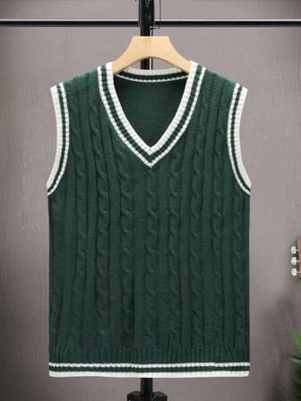 Manfinity Men Contrast Trim Cable Knit Cricket Sweater Vest