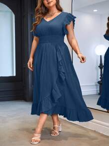 SHEIN Privé Wickelkleid mit Schmetterlingsärmeln, Rüschenbesatz, - Blau - Übersicht 3