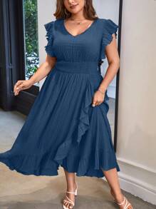 SHEIN Privé Wickelkleid mit Schmetterlingsärmeln, Rüschenbesatz, - Blau - Übersicht 4