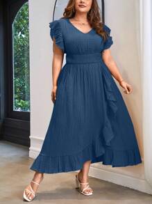SHEIN Privé Wickelkleid mit Schmetterlingsärmeln, Rüschenbesatz, - Blau - Übersicht 5