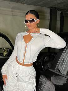 SHEIN ICON 頂針前鏤空短款T恤 - 白色 - 查看 5