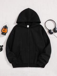 SHEIN 少女骷髅头和标语图案落肩卫衣 - 黑色 - 查看 5