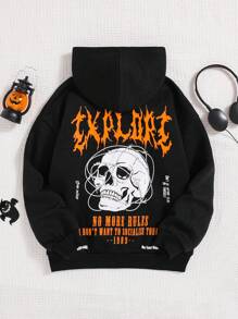 SHEIN 少女骷髅头和标语图案落肩卫衣 - 黑色 - 查看 6