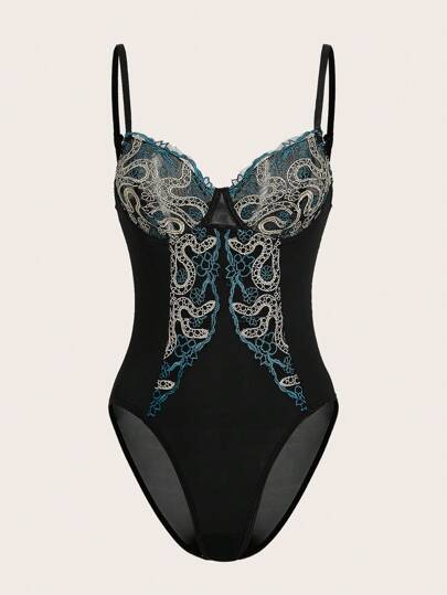 Goth Contrast Lace Mesh Underwire Teddy Bodysuit