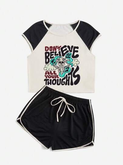 Atosha Pyjama Set mit Buchstaben Schädel Grafik, Kontrastsaum,