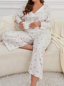 碎花印花睡衣套装/睡衣套装 - 白色 - 查看 1