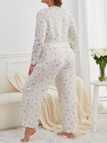 碎花印花睡衣套装/睡衣套装 - 白色 - 查看 2