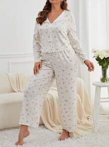 碎花印花睡衣套装/睡衣套装 - 白色 - 查看 3