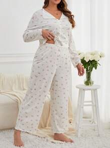 碎花印花睡衣套装/睡衣套装 - 白色 - 查看 4