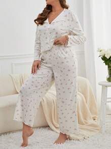 碎花印花睡衣套装/睡衣套装 - 白色 - 查看 5