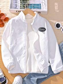 SHEIN 女大童字母補丁細節拉鏈開襟夾克 - 白色 - 查看 1