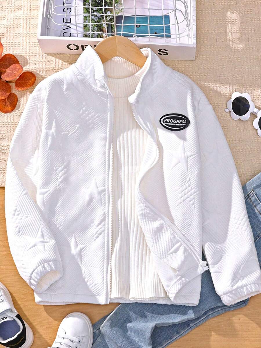 SHEIN 女大童字母補丁細節拉鏈開襟夾克 - 白色 - 查看 1