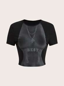 SHEIN ICON Letter Graphic Colorblock Crop Tee - Black - View 1