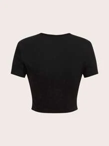 SHEIN ICON Letter Graphic Colorblock Crop Tee - Black - View 2