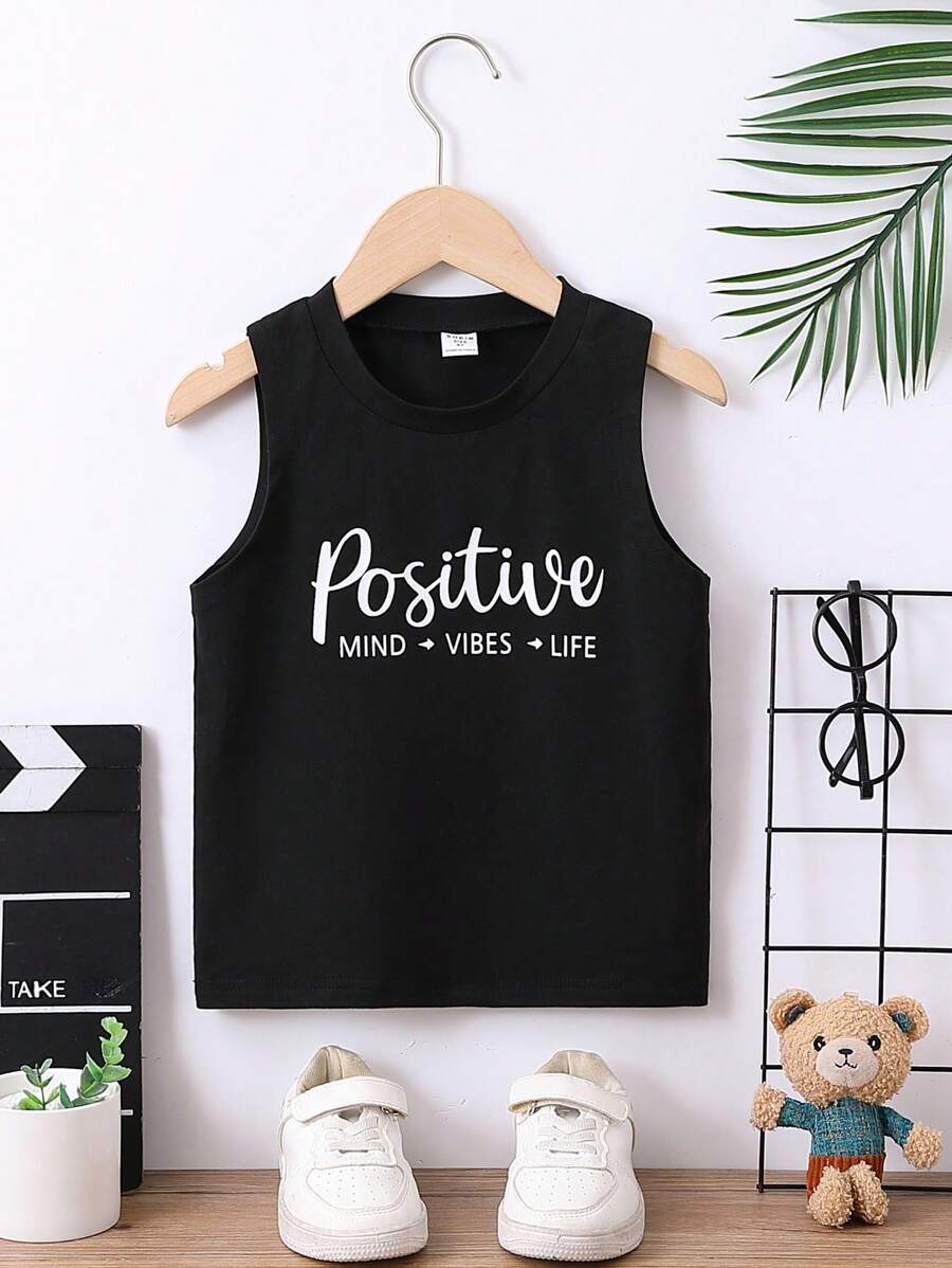 SHEIN 男小童字母圖案背心上衣 - 黑色 - 查看 1