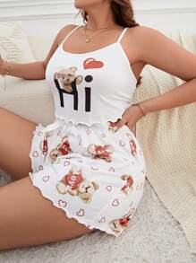 SHEIN Plus Bear & Heart Print Lettuce Trim PJ Set / Pajama Set White Set - White - View 1