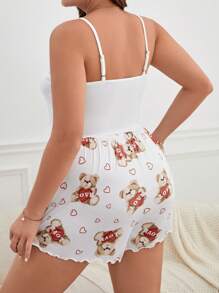 SHEIN Plus Bear & Heart Print Lettuce Trim PJ Set / Pajama Set White Set - White - View 2