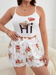 SHEIN Plus Bear & Heart Print Lettuce Trim PJ Set / Pajama Set White Set - White - View 3