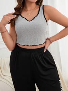 Talla grande Top para dormir unido en contraste de cuello notch unido en contraste crop - Gris - Ver 3