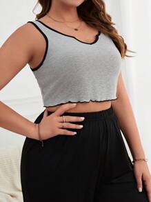Talla grande Top para dormir unido en contraste de cuello notch unido en contraste crop - Gris - Ver 4