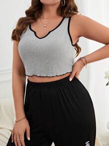 Talla grande Top para dormir unido en contraste de cuello notch unido en contraste crop - Gris - Ver 5