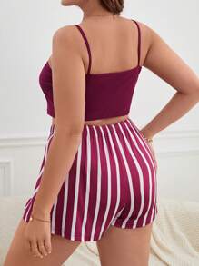 Hơn Đồ họa Chữ cái Cami ngọn & Sọc Quần short Bộ PJ - Màu Đỏ Sâu - Xem 2