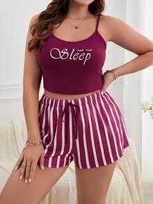 Hơn Đồ họa Chữ cái Cami ngọn & Sọc Quần short Bộ PJ - Màu Đỏ Sâu - Xem 5