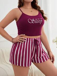 Hơn Đồ họa Chữ cái Cami ngọn & Sọc Quần short Bộ PJ - Màu Đỏ Sâu - Xem 1