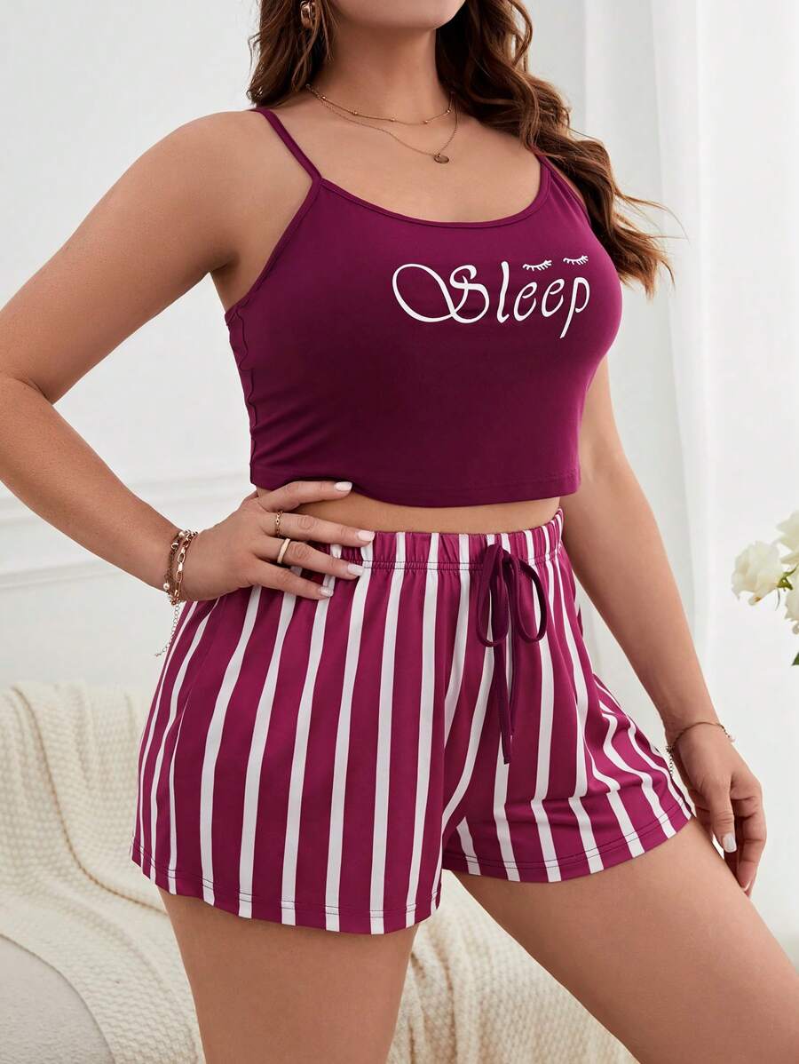 Hơn Đồ họa Chữ cái Cami ngọn & Sọc Quần short Bộ PJ - Màu Đỏ Sâu - Xem 1