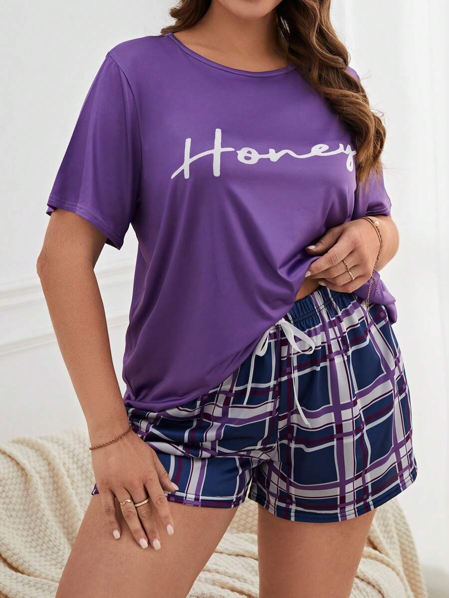 字母图案 T 恤和格子短裤睡衣套装 / 睡衣套装 - 紫色 - 查看 1