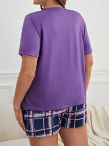 字母图案 T 恤和格子短裤睡衣套装 / 睡衣套装 - 紫色 - 查看 2