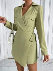 SHEIN Privé 翻蓋口袋圍裹側打結連身褲 - 綠色 - 查看 1
