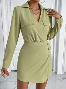 SHEIN Privé 翻蓋口袋圍裹側打結連身褲 - 綠色 - 查看 3