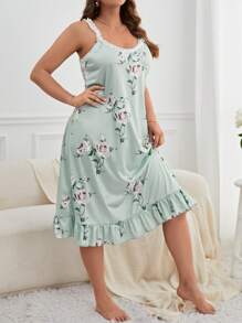 加大花卉印花荷叶边下摆吊带睡衣睡裙