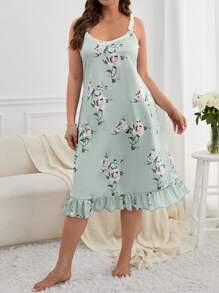 加大花卉印花荷叶边下摆吊带睡衣睡裙