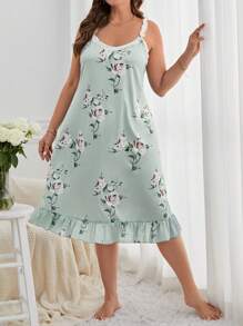 加大花卉印花荷叶边下摆吊带睡衣睡裙