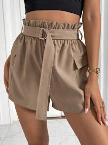 SHEIN Essnce Paperbag Waist Flap Pocket Belted Cargo Shorts - Khaki - View 1